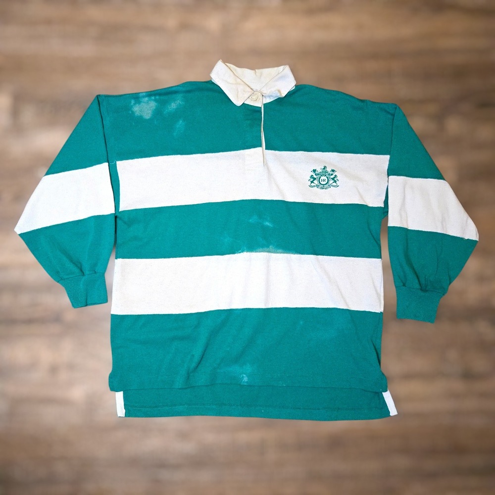 VTG Variations Rugby Shirt‎ Green White Mens Small Striped Hunters Run Crest Top